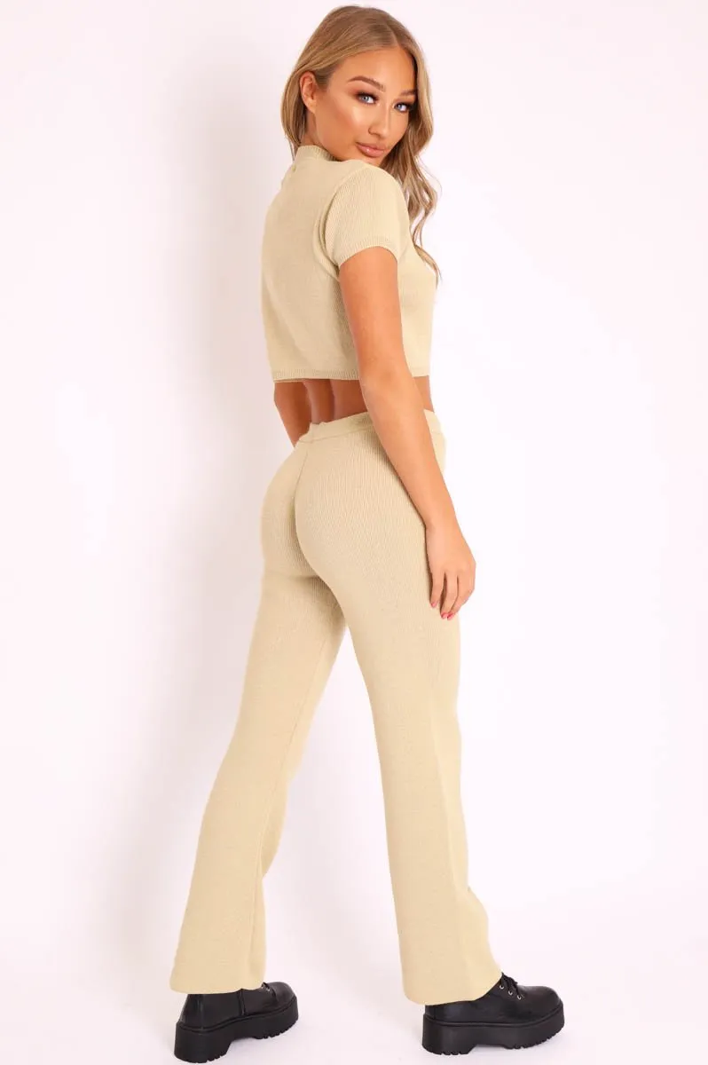 Beige Knit High Neck Crop Top and Trouser Co-ord - Helena