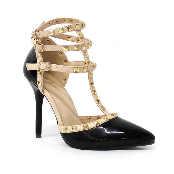 Black Beige Patent T-Strap Studded Pointy Toe Classic Heels