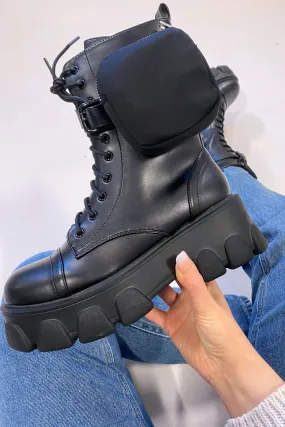 Black Chunky Pocket Detail Biker Ankle Boots