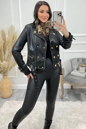 Brogyn Black PU Faux Leather Gold Button Biker Jacket