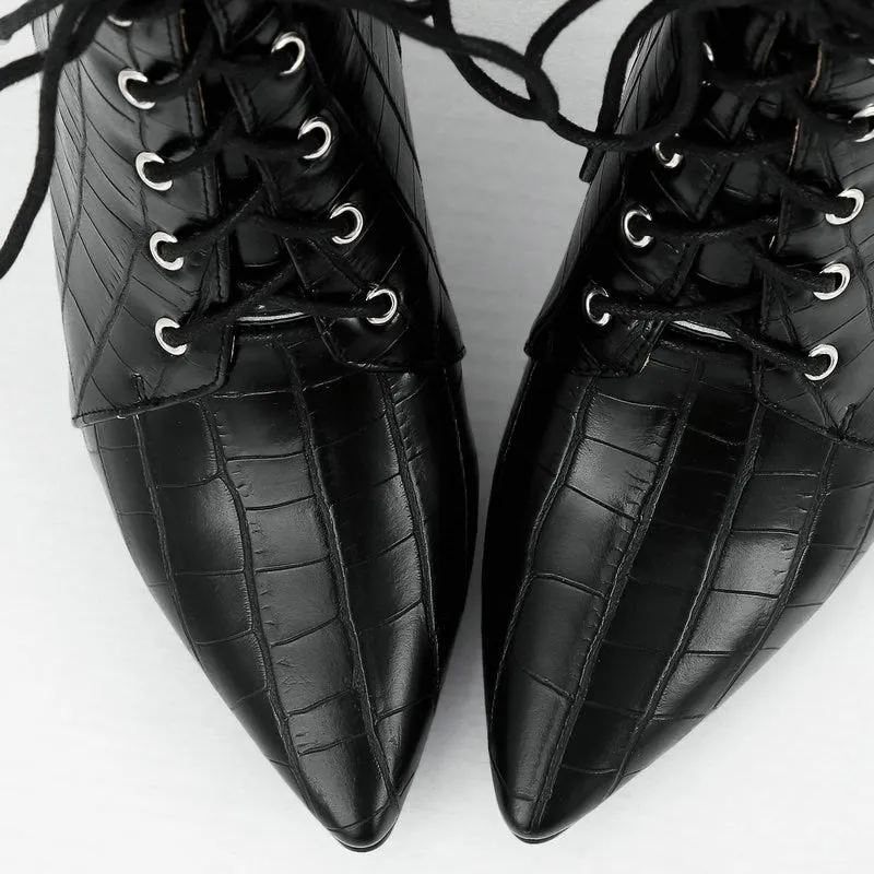 Cross Lace-Up Pointed Toe Ankle Boots