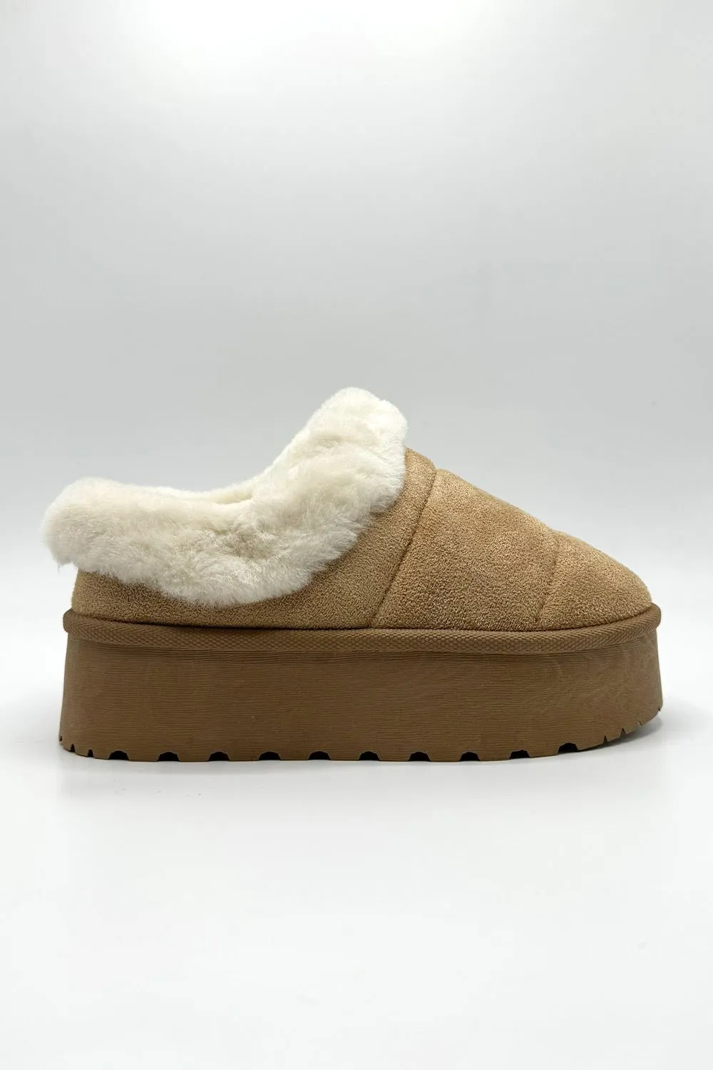 Felpa Faux Fur Quilted Flatform Slippers in Sand