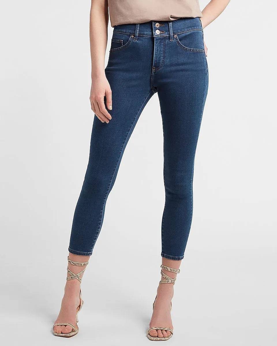 Mid Rise Knit Double Button Cropped Skinny Jeans in Medium Wash