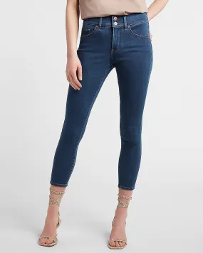 Mid Rise Knit Double Button Cropped Skinny Jeans in Medium Wash