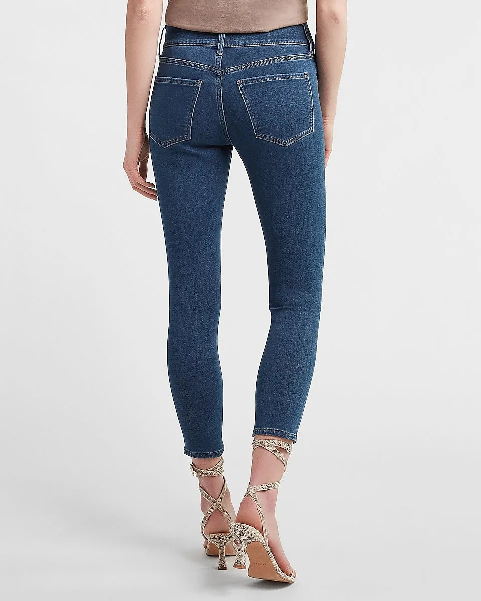 Mid Rise Knit Double Button Cropped Skinny Jeans in Medium Wash