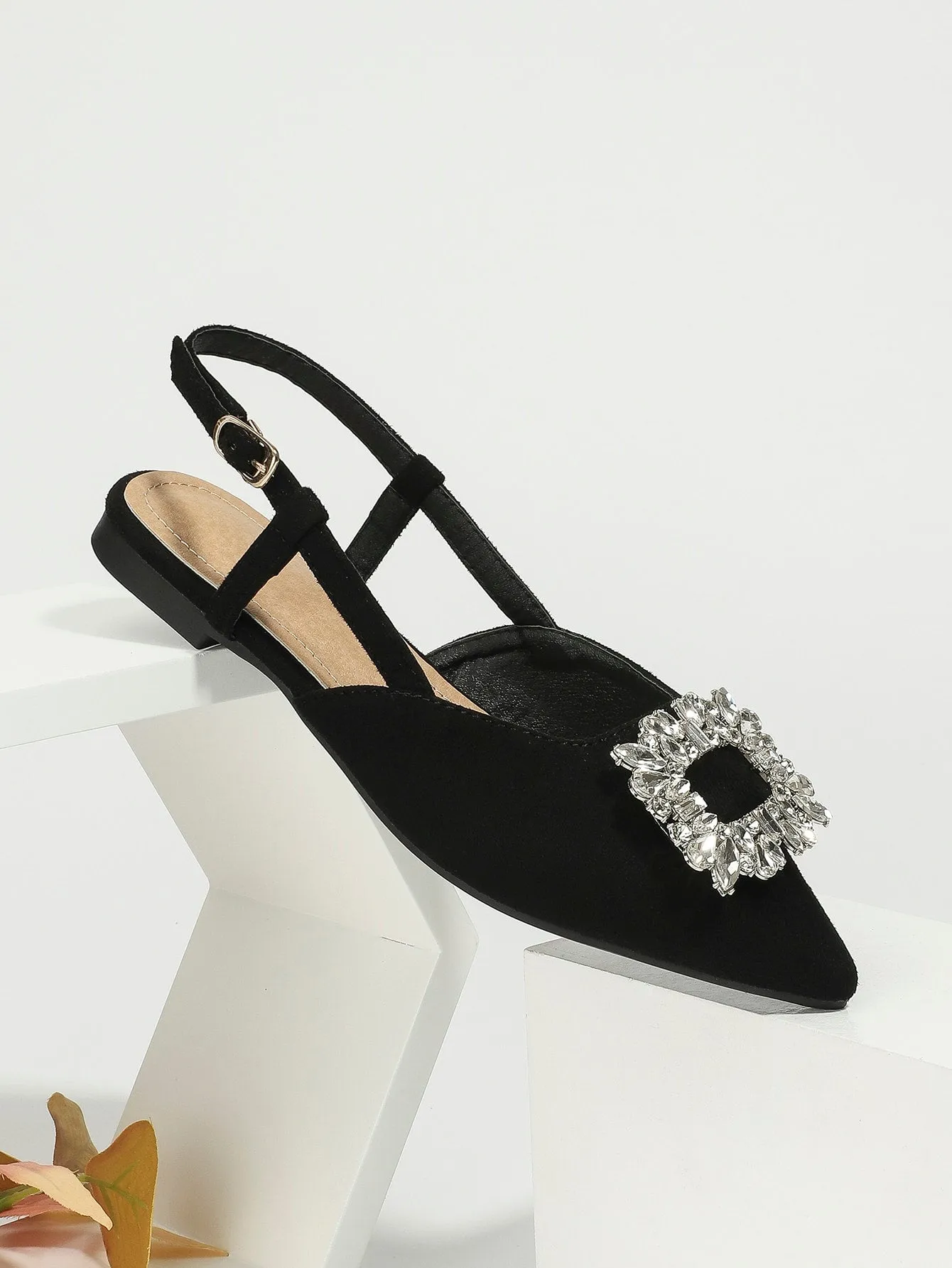 Rhinestone Decor Suedette Slingback Flats