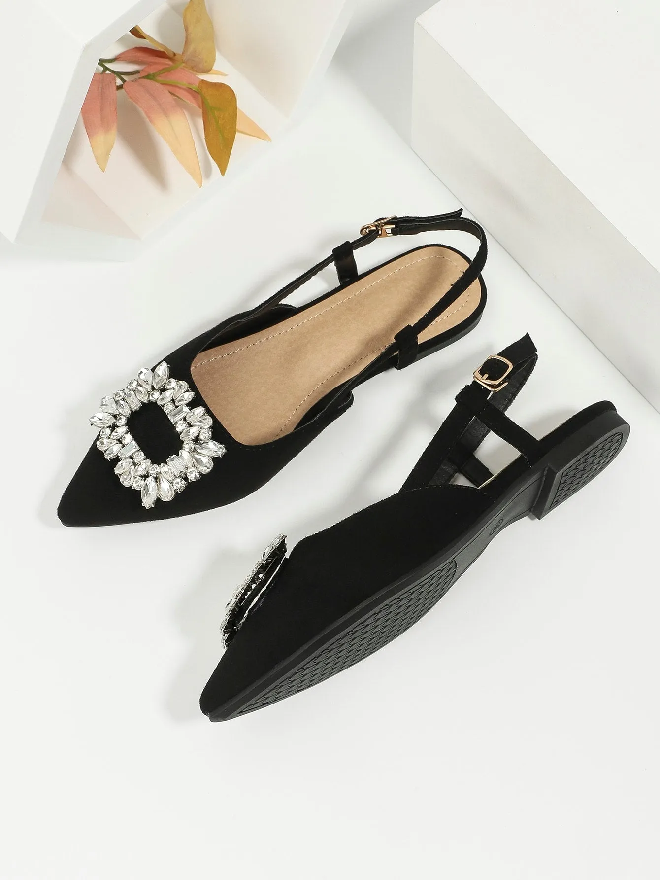 Rhinestone Decor Suedette Slingback Flats